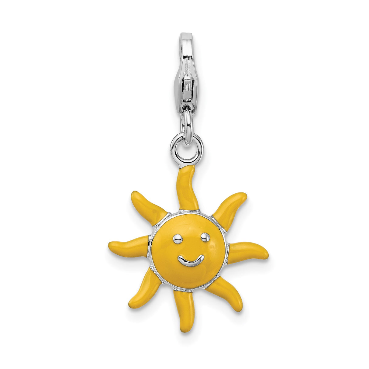 Sterling Silver Sun Pendant with Yellow Enamel Smiling Face, Joyful Radiant Design Charm