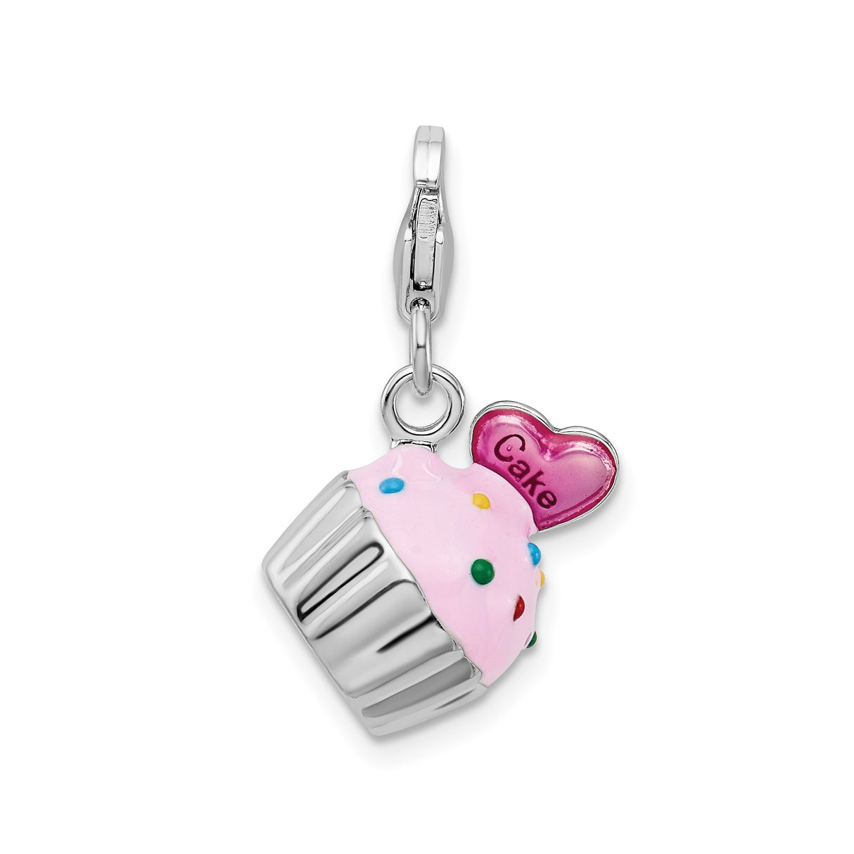 Sterling Silver Cupcake Charm with Pink Enamel Frosting and Heart Accent