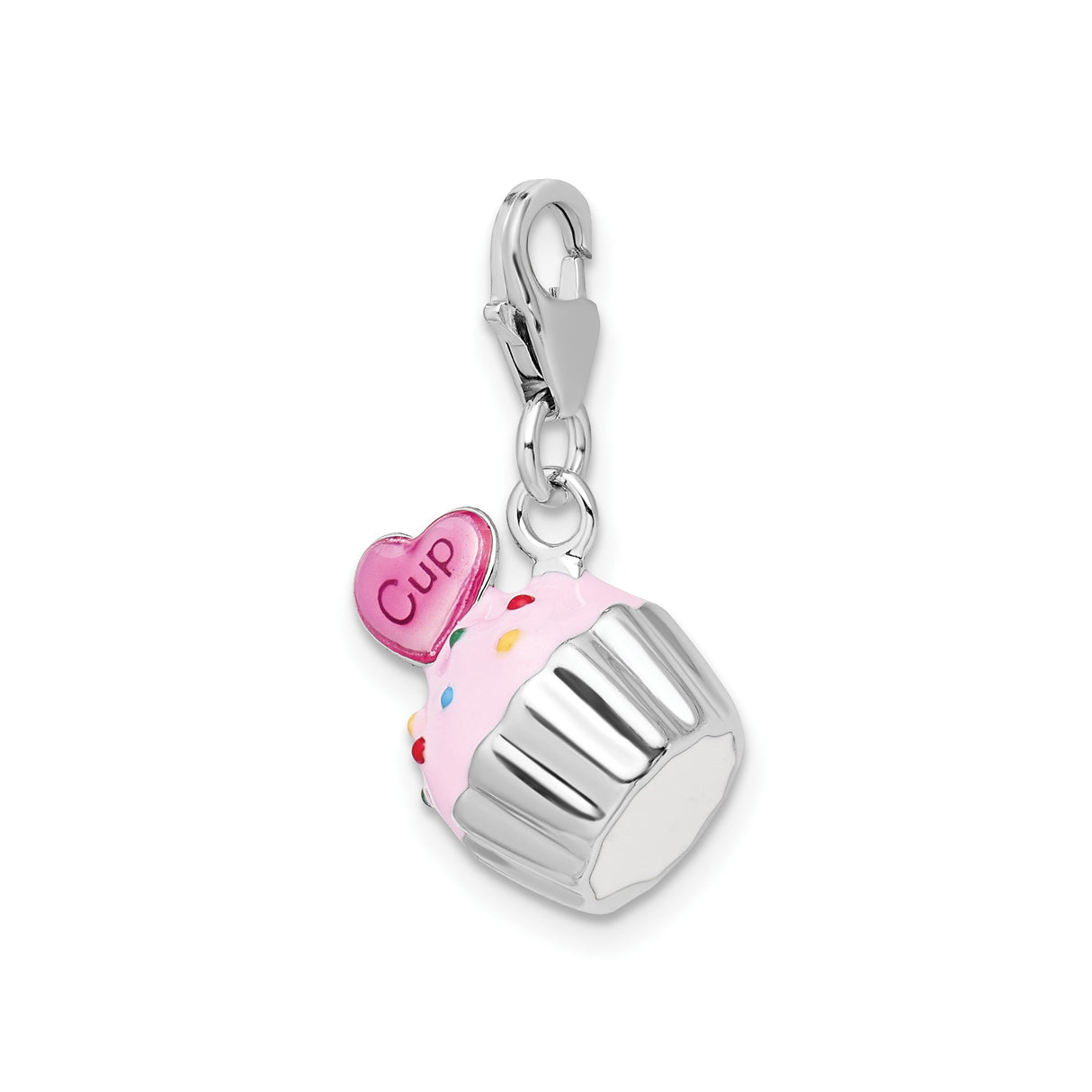 Sterling Silver Cupcake Charm with Pink Enamel Frosting and Heart Accent