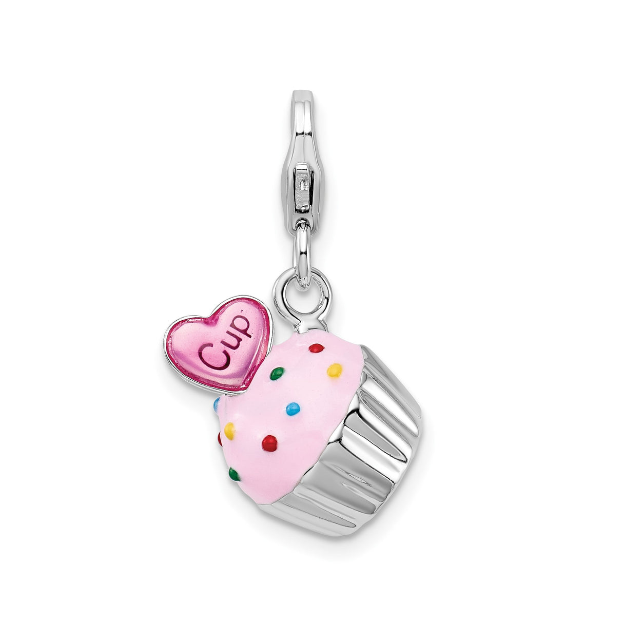 Sterling Silver Cupcake Charm with Pink Enamel Frosting and Heart Accent