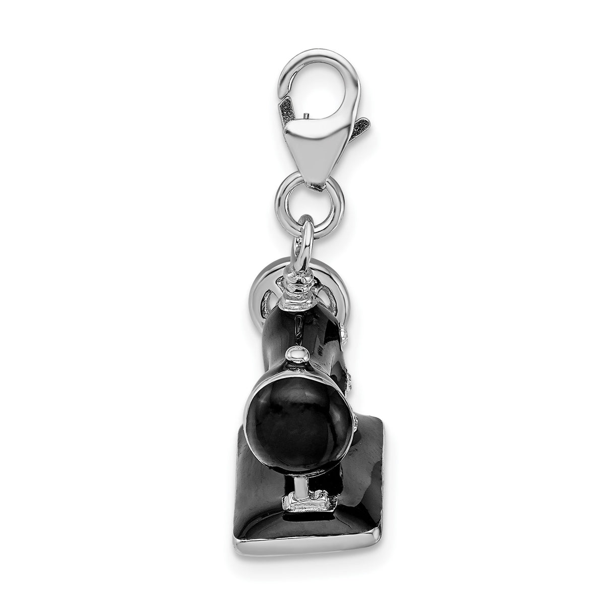 Sterling Silver Sewing Machine Charm Pendant with Black Enamel and Clear Crystal Accents