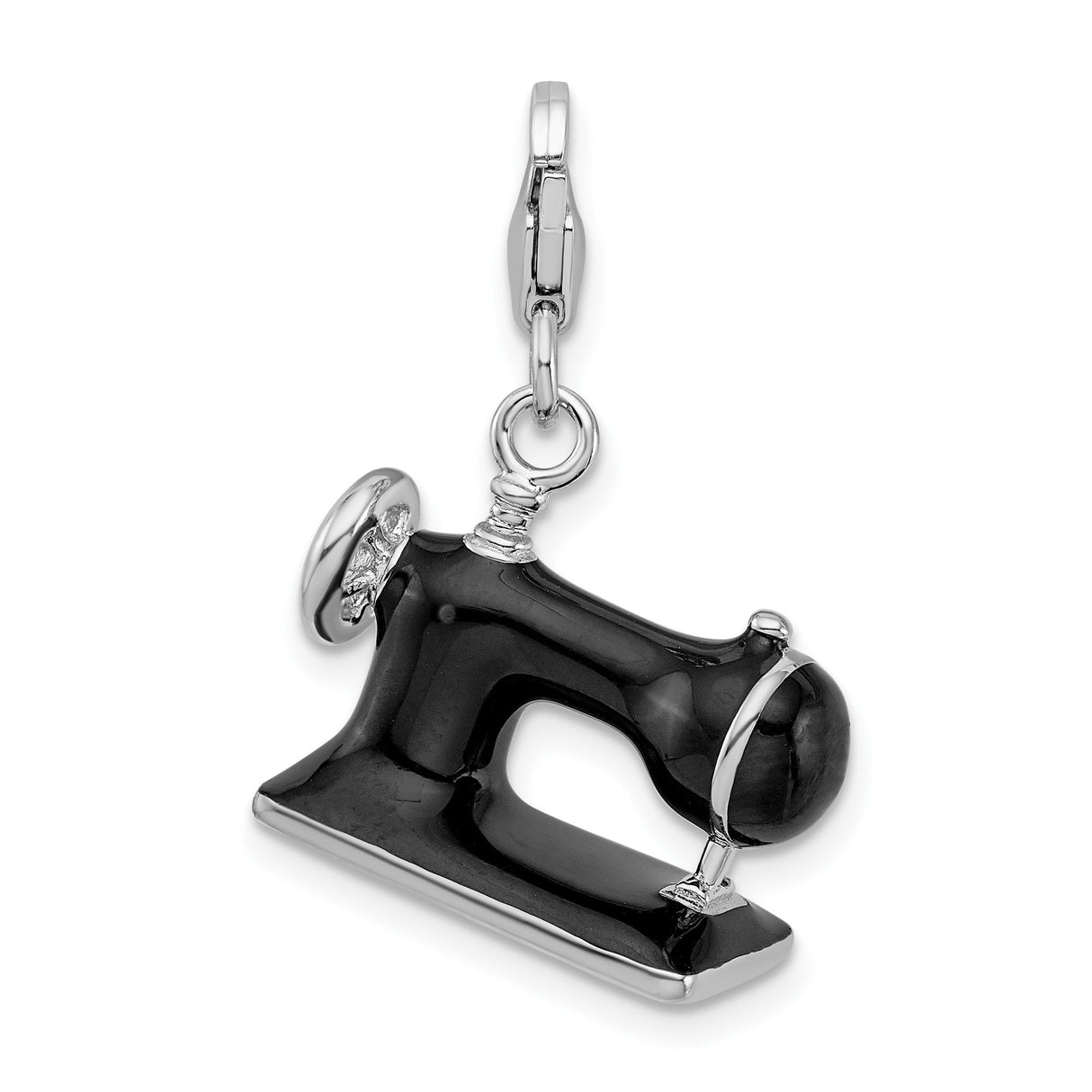 Sterling Silver Sewing Machine Charm Pendant with Black Enamel and Clear Crystal Accents