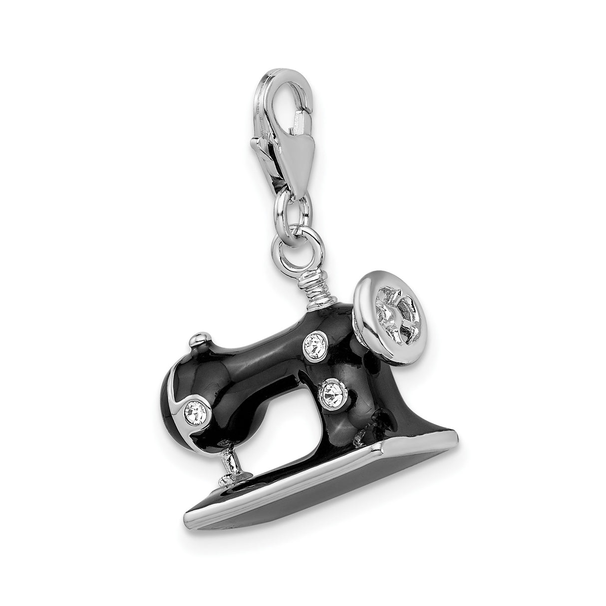 Sterling Silver Sewing Machine Charm Pendant with Black Enamel and Clear Crystal Accents
