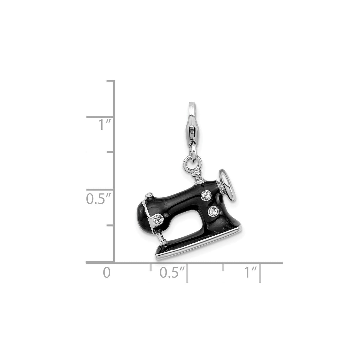 Sterling Silver Sewing Machine Charm Pendant with Black Enamel and Clear Crystal Accents