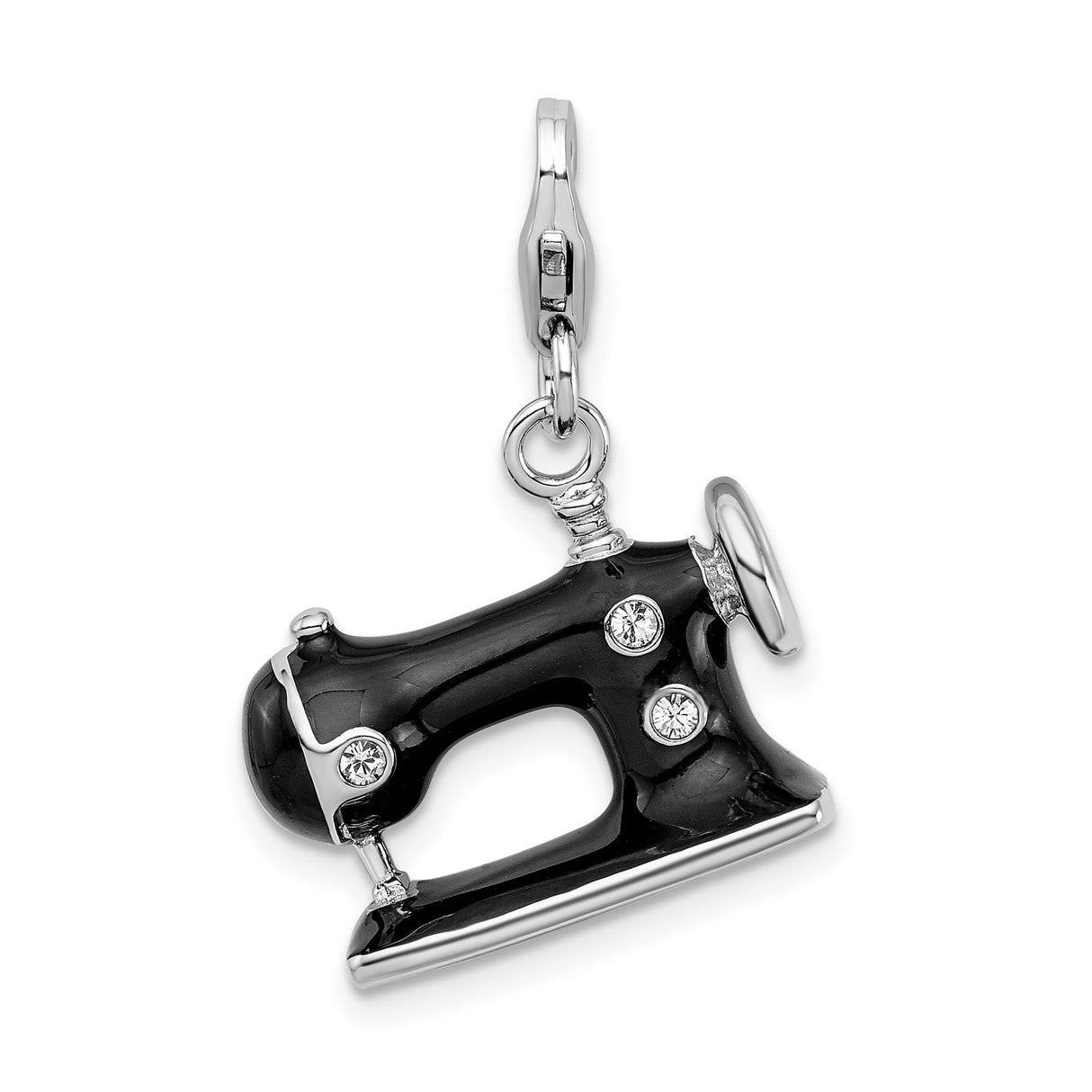 Sterling Silver Sewing Machine Charm Pendant with Black Enamel and Clear Crystal Accents