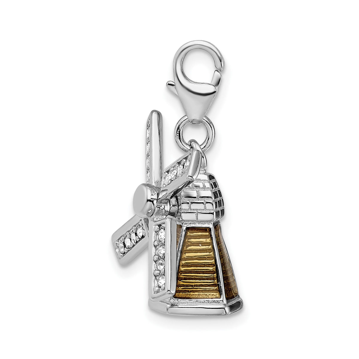 Sterling Silver Windmill Charm Pendant with Clear Crystals and Gold Tone Accents