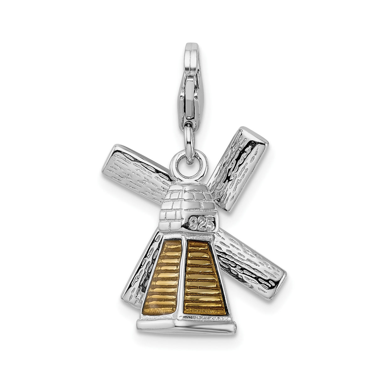 Sterling Silver Windmill Charm Pendant with Clear Crystals and Gold Tone Accents