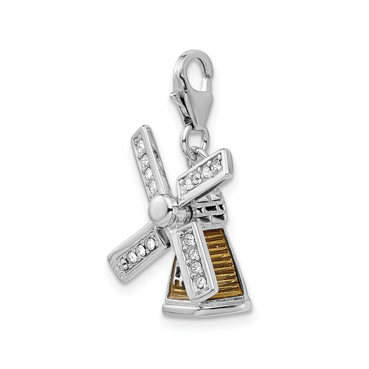 Sterling Silver Windmill Charm Pendant with Clear Crystals and Gold Tone Accents