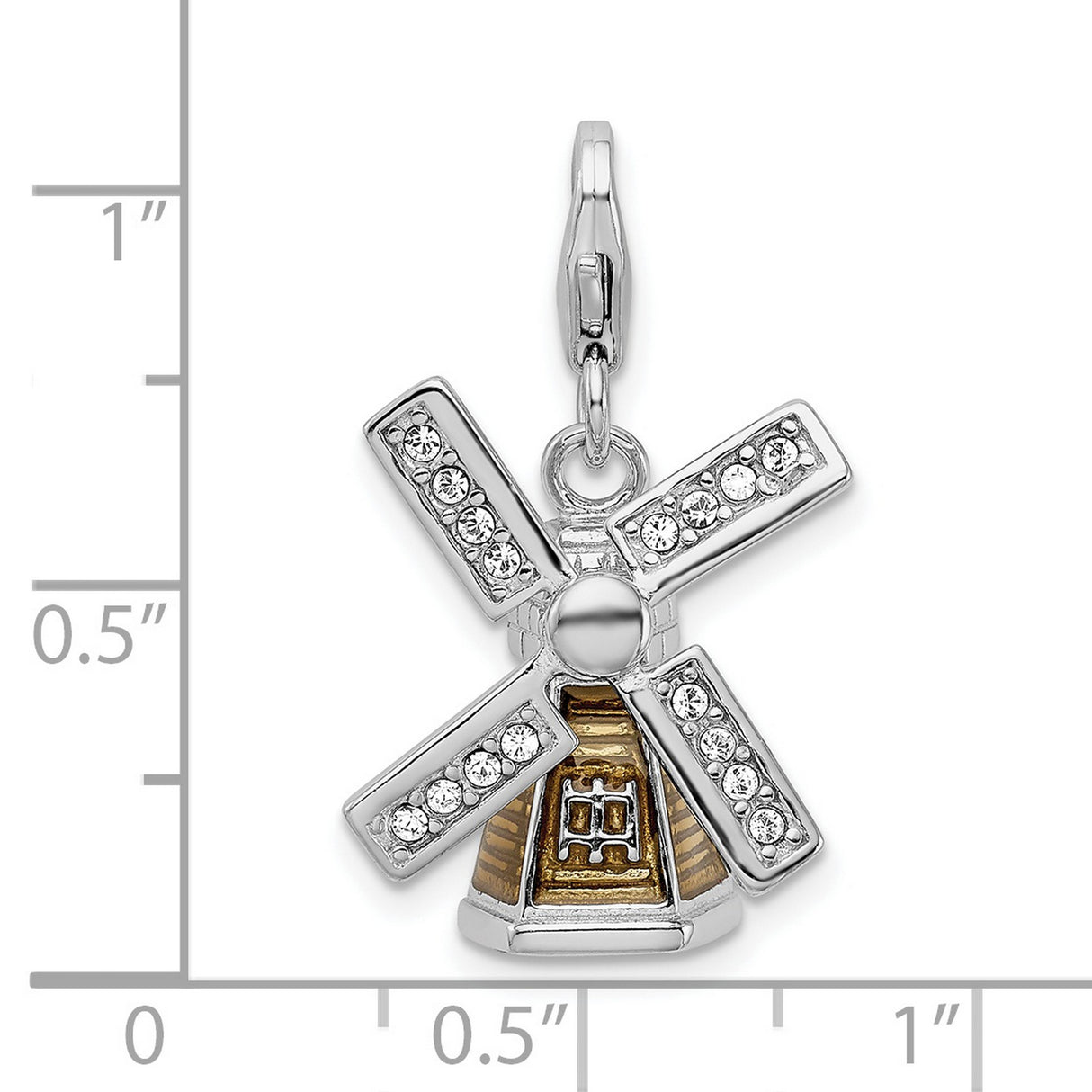 Sterling Silver Windmill Charm Pendant with Clear Crystals and Gold Tone Accents
