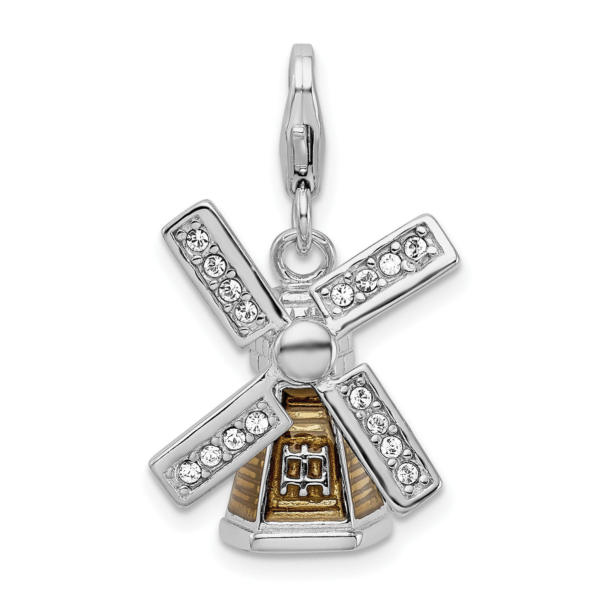 Sterling Silver Windmill Charm Pendant with Clear Crystals and Gold Tone Accents
