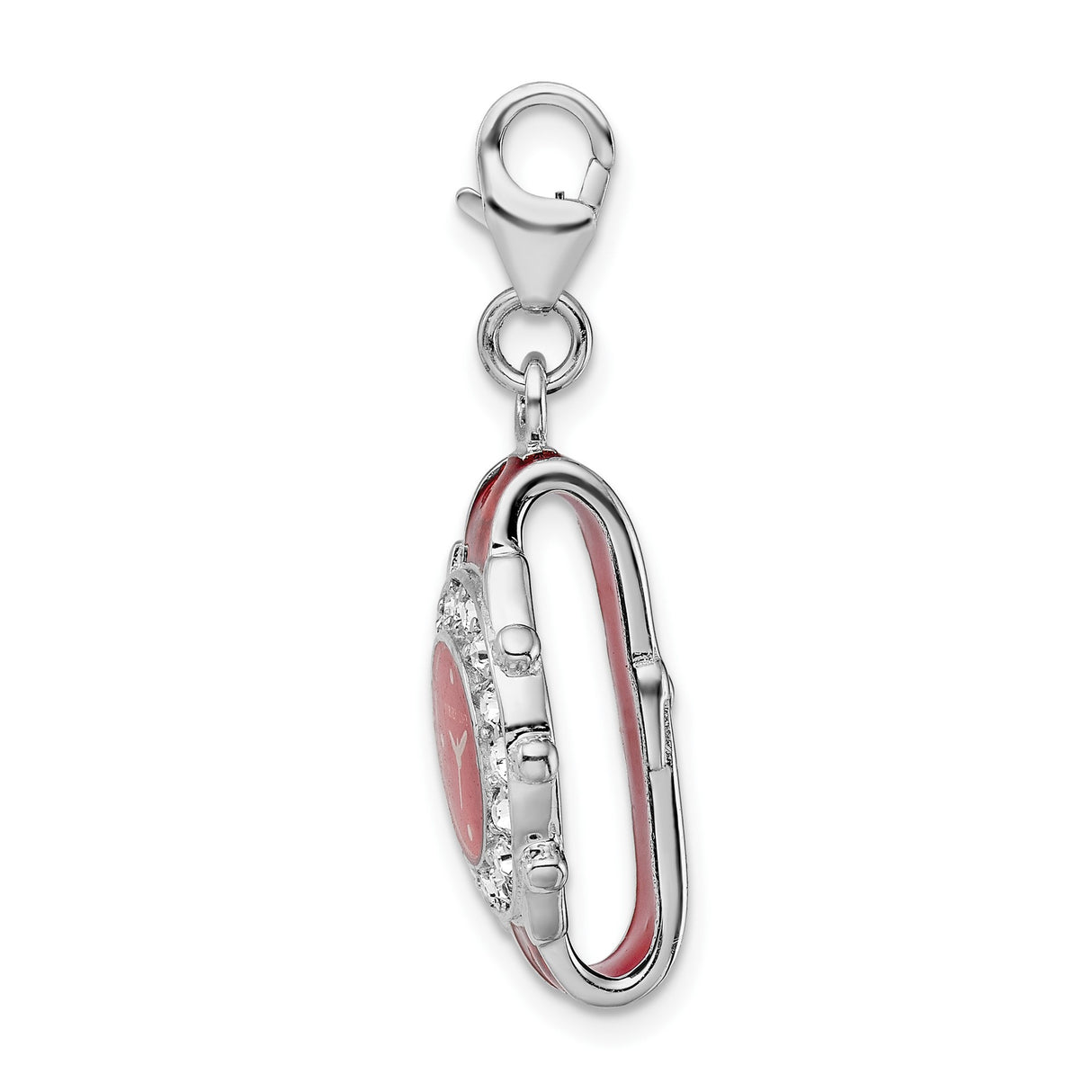 Sterling Silver Watch Charm Pendant with Red Enamel Face and Clear Crystal Accents