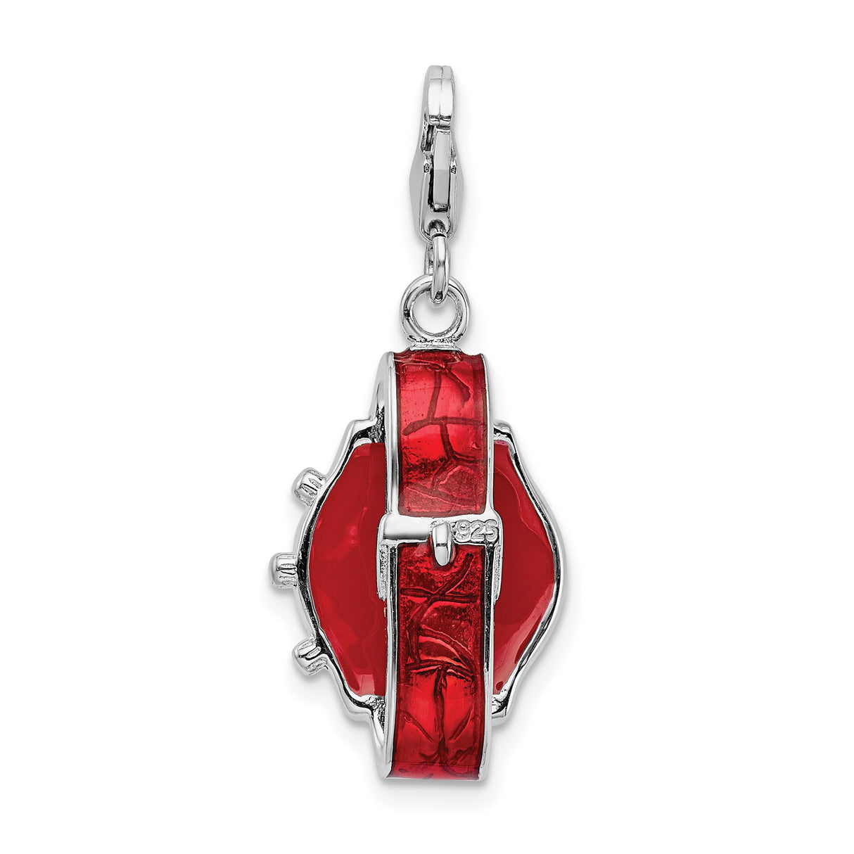Sterling Silver Watch Charm Pendant with Red Enamel Face and Clear Crystal Accents