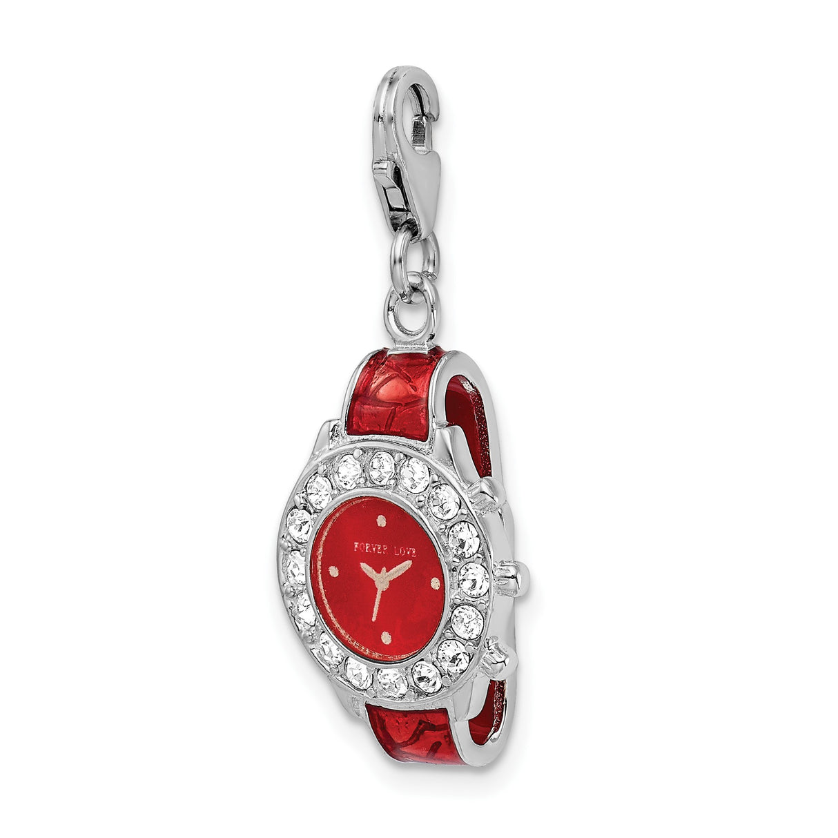 Sterling Silver Watch Charm Pendant with Red Enamel Face and Clear Crystal Accents