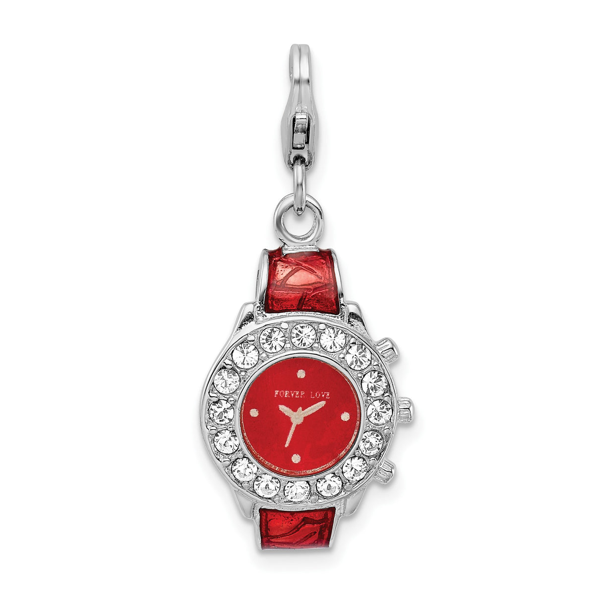 Sterling Silver Watch Charm Pendant with Red Enamel Face and Clear Crystal Accents