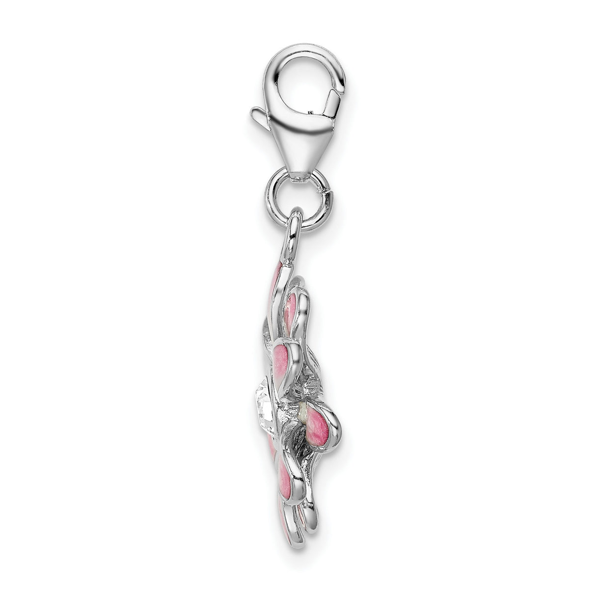 Sterling Silver Flower Charm Pendant with Pink and White Enamel and Cubic Zirconia