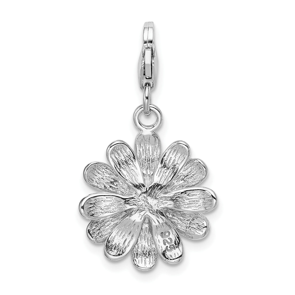 Sterling Silver Flower Charm Pendant with Pink and White Enamel and Cubic Zirconia