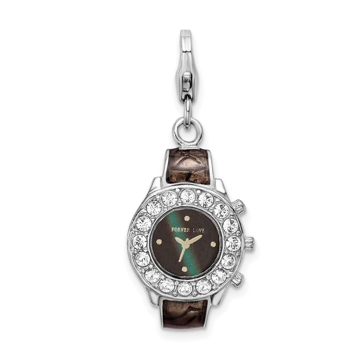 Sterling Silver Pendant Watch Charm with Crystal Bezel and Forever Love Dial