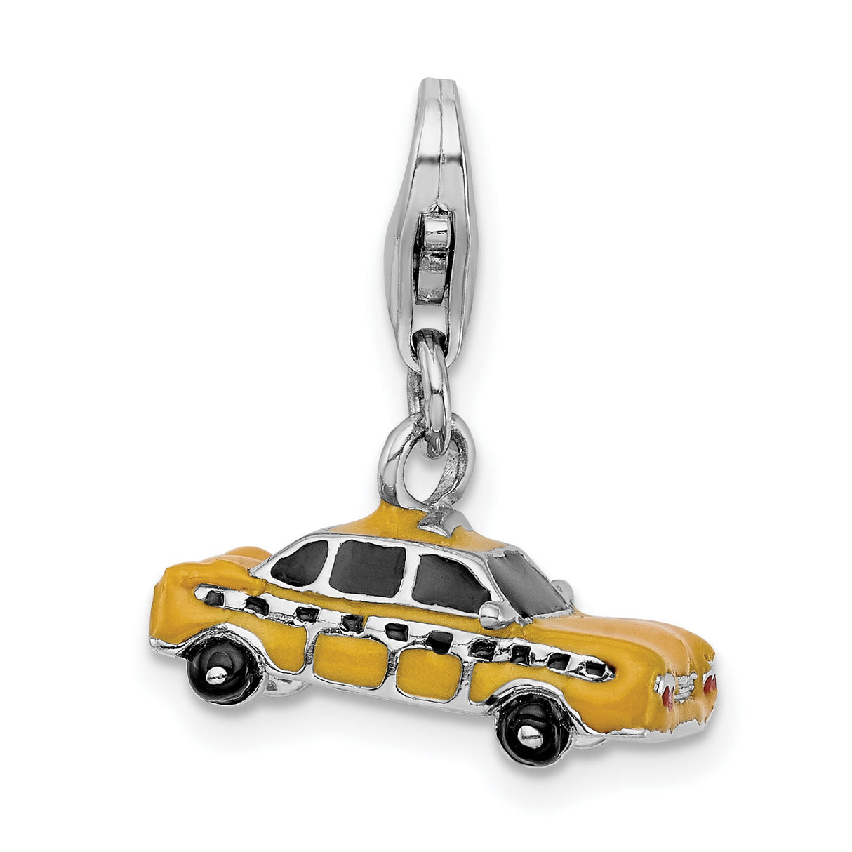 Sterling Silver Taxi Charm with Yellow Enamel, NYC Cab Pendant with Lobster Clasp