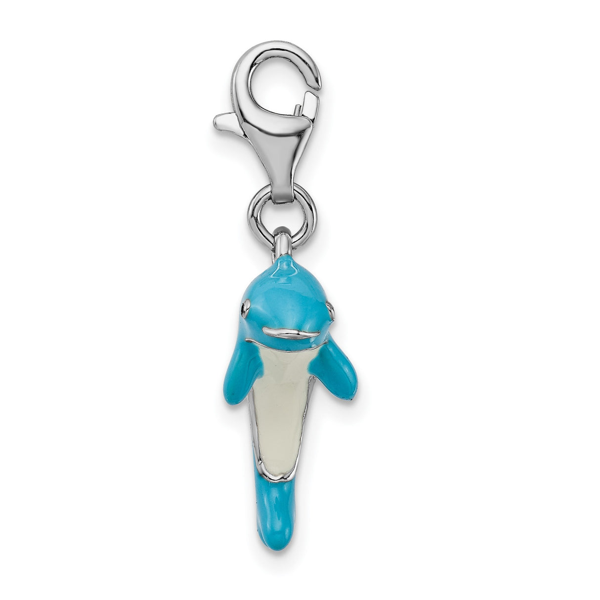 3-D Light Blue Dolphin Clip-On Charm Pendant in Real 925 Sterling Silver
