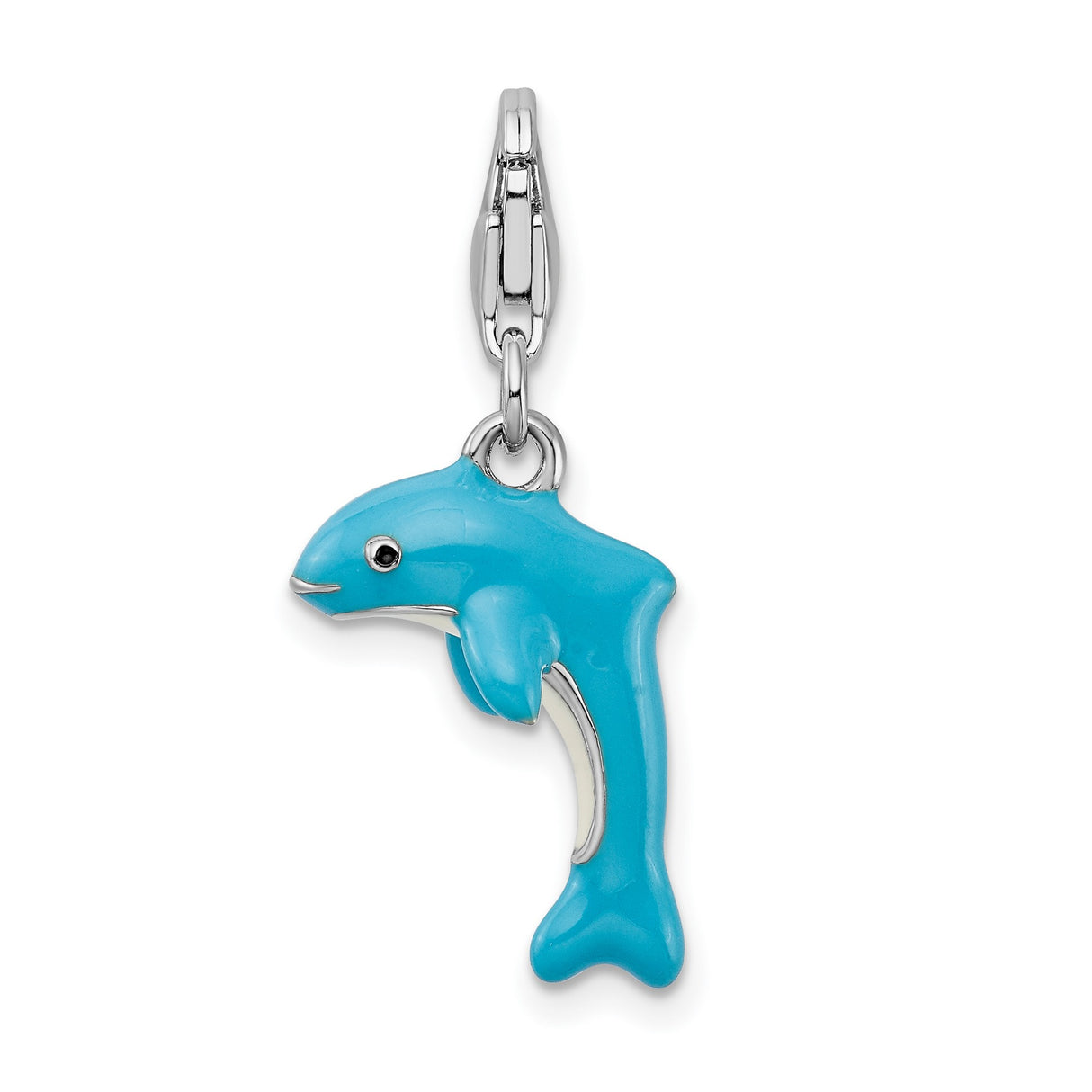 3-D Light Blue Dolphin Clip-On Charm Pendant in Real 925 Sterling Silver