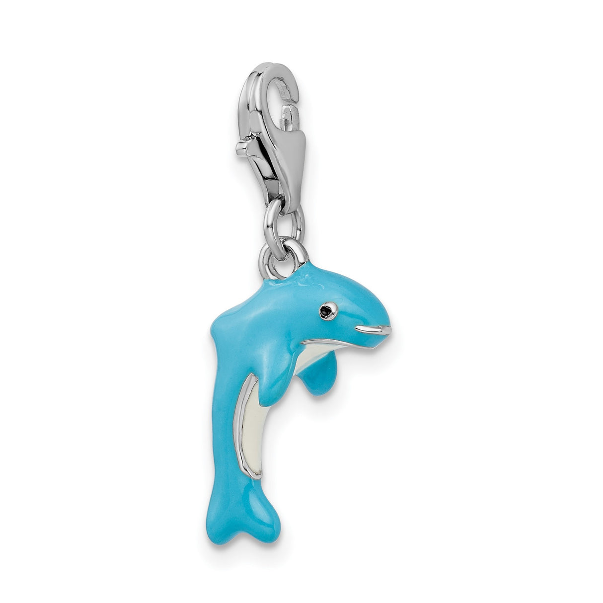 3-D Light Blue Dolphin Clip-On Charm Pendant in Real 925 Sterling Silver