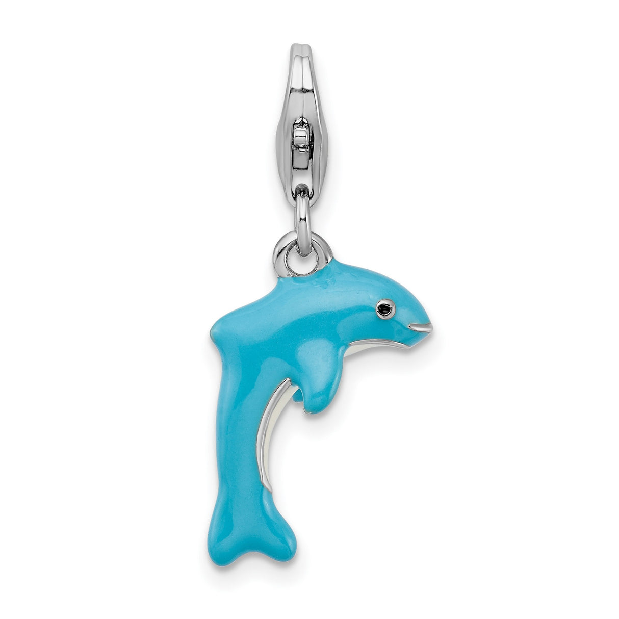 3-D Light Blue Dolphin Clip-On Charm Pendant in Real 925 Sterling Silver