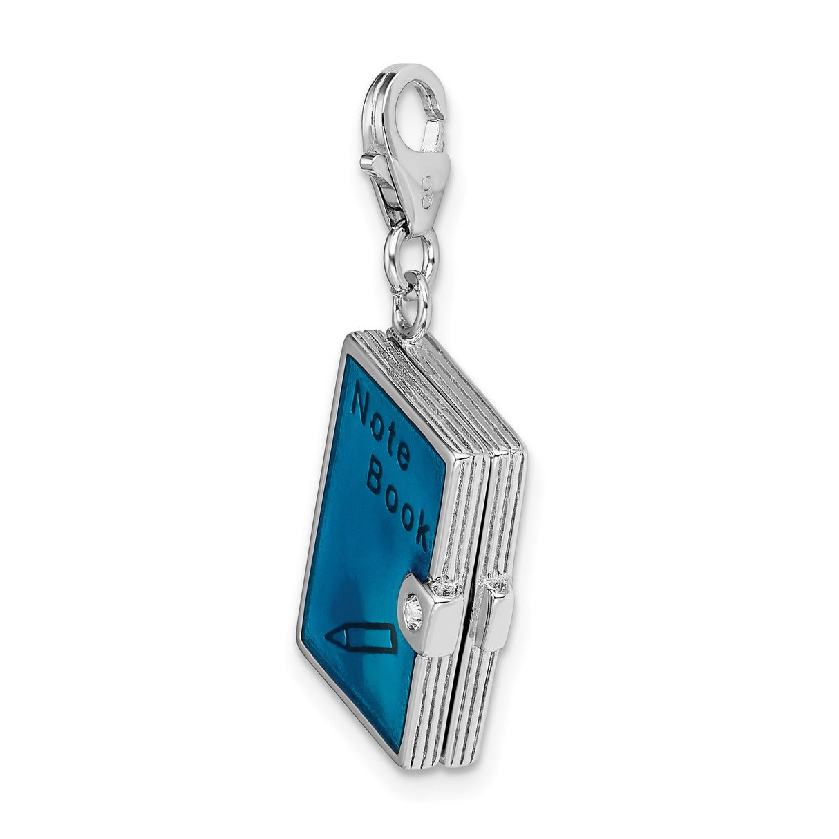 Sterling Silver Notebook Pendant Charm with Blue Enamel, Pencil Icon and Clear Crystal Accent