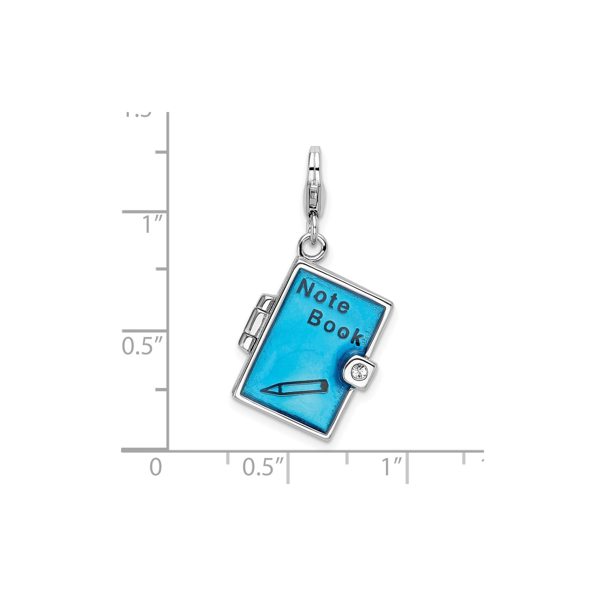 Sterling Silver Notebook Pendant Charm with Blue Enamel, Pencil Icon and Clear Crystal Accent