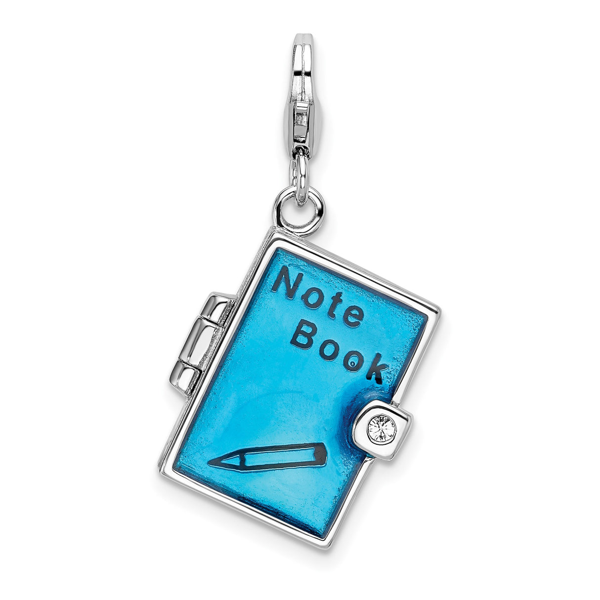 Sterling Silver Notebook Pendant Charm with Blue Enamel, Pencil Icon and Clear Crystal Accent