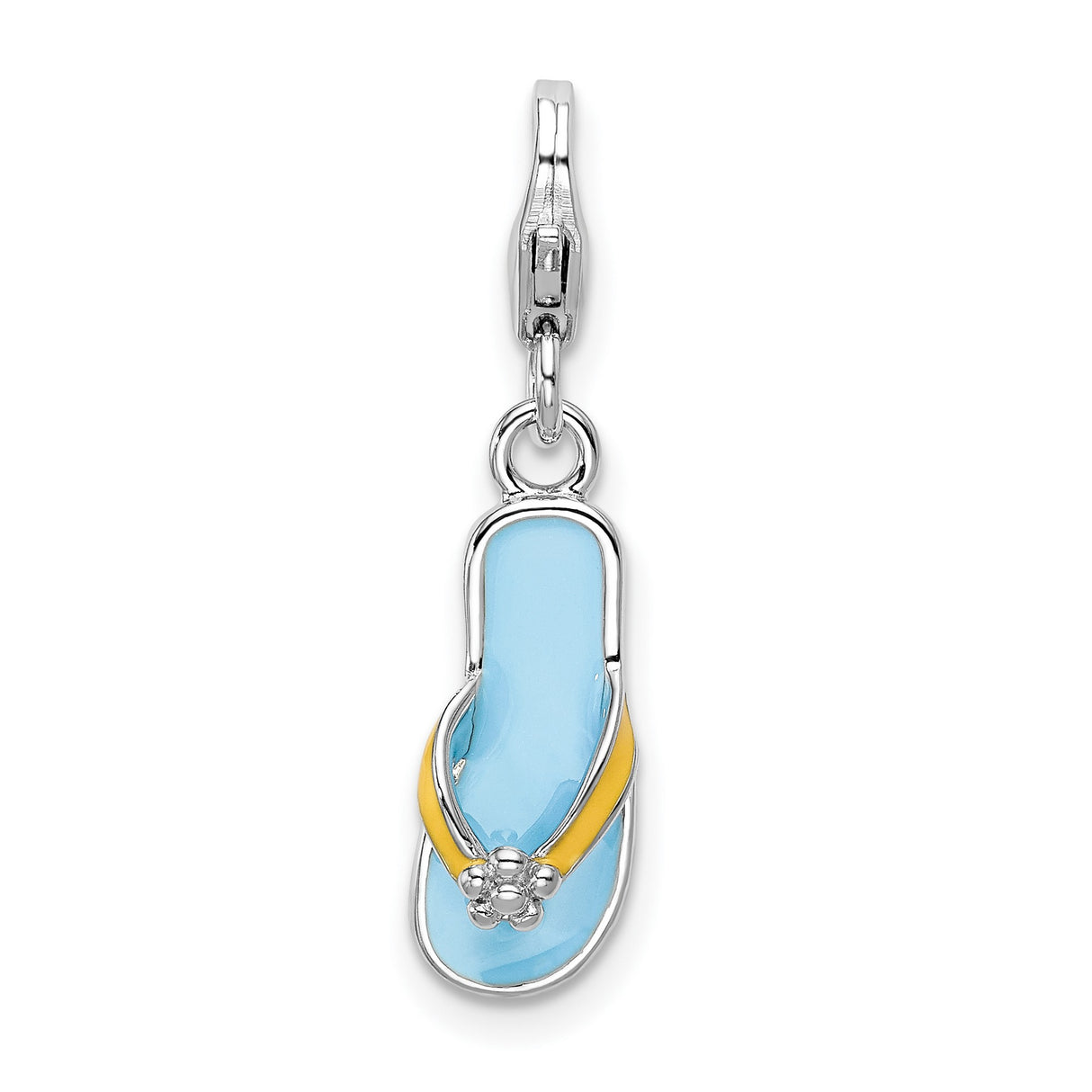 Sterling Silver Flip-Flop Charm Pendant with Blue Enamel and Yellow Straps, Flower Accent