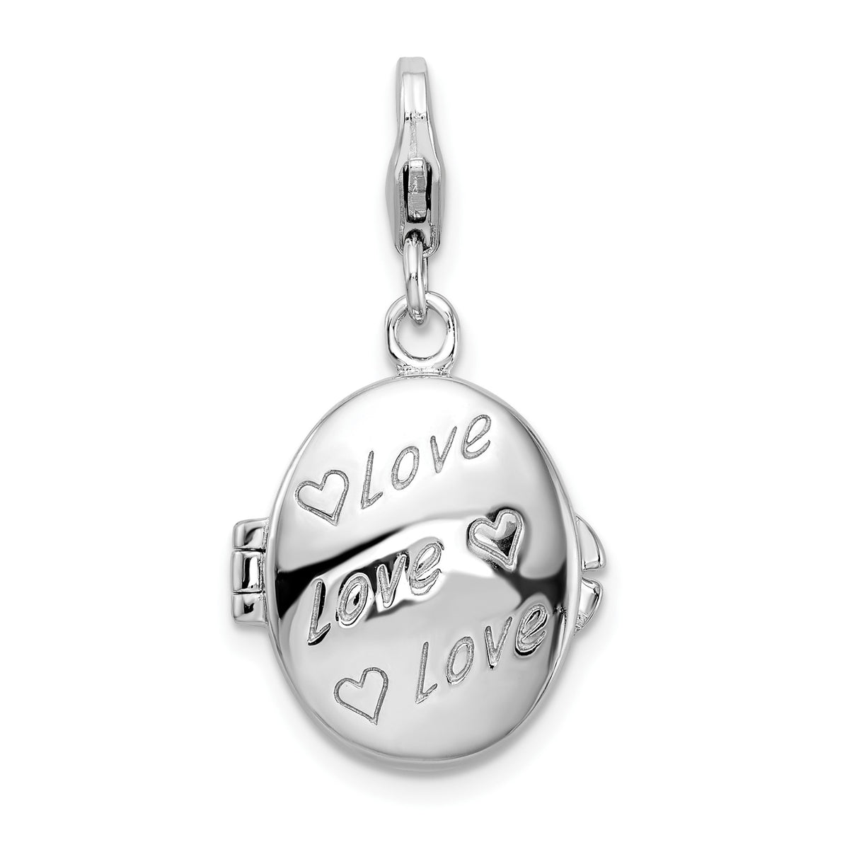Sterling Silver Oval Locket Charm with Love Text and Heart Symbols for Women