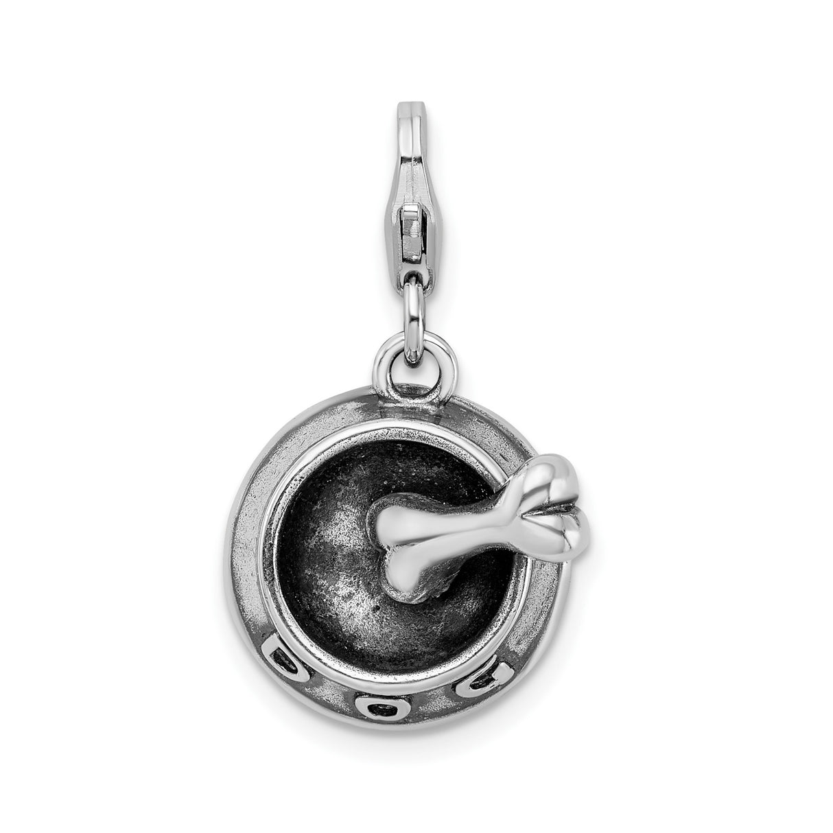 Sterling Silver Dog Bowl Charm Pendant with Bone and Paw Print Accents