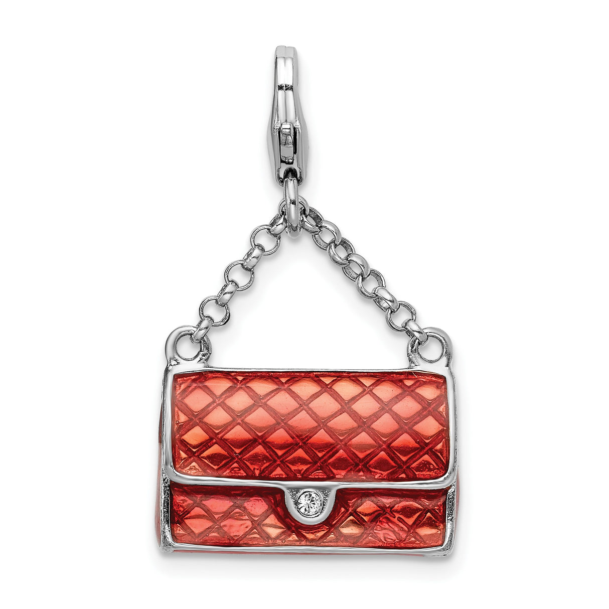 Sterling Silver Handbag Charm Pendant with Red Enamel and Crystal Accent