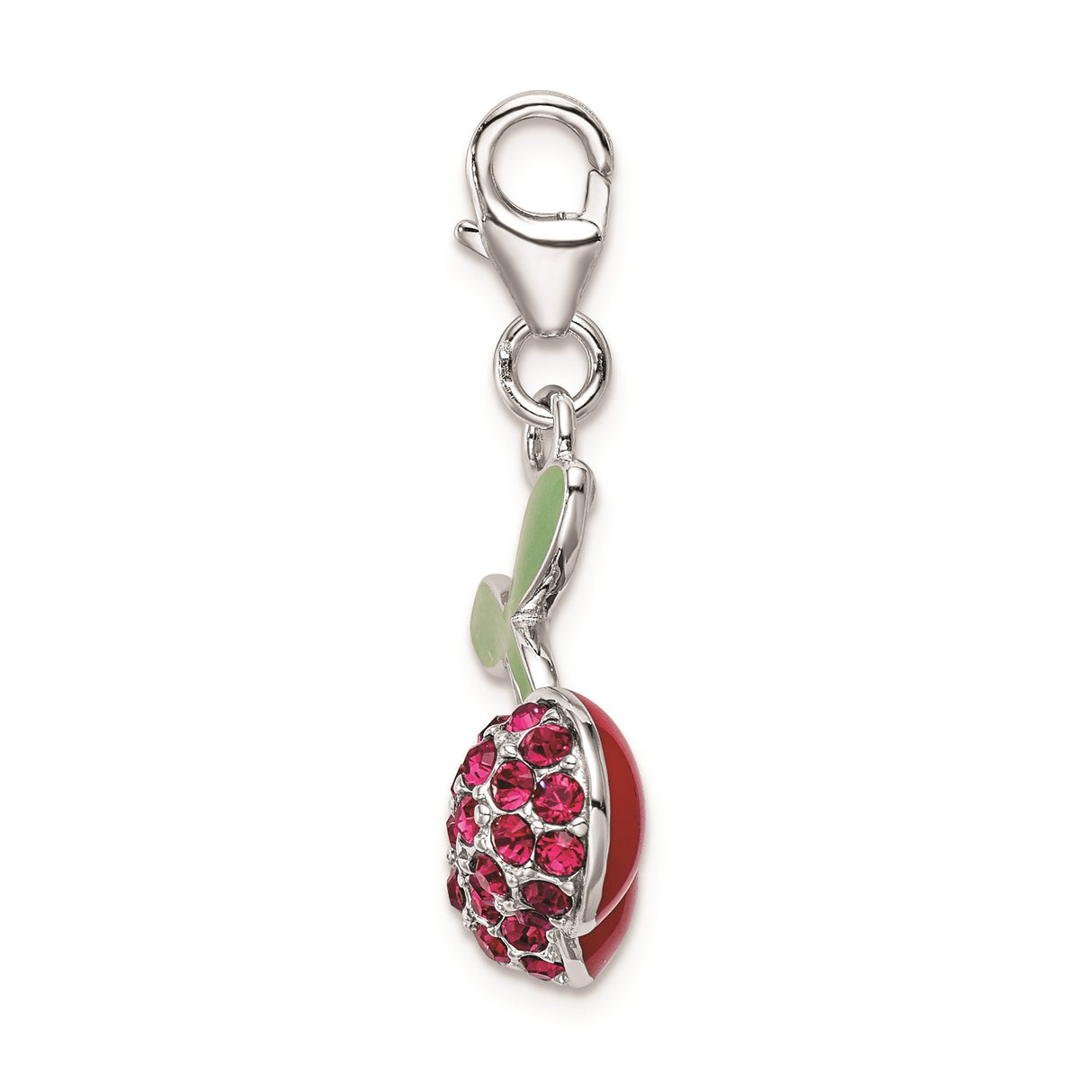 Sterling Silver Cherry Charm Pendant with Red Crystals and Green Enamel Leaves