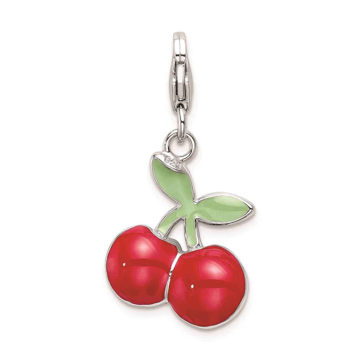 Sterling Silver Cherry Charm Pendant with Red Crystals and Green Enamel Leaves