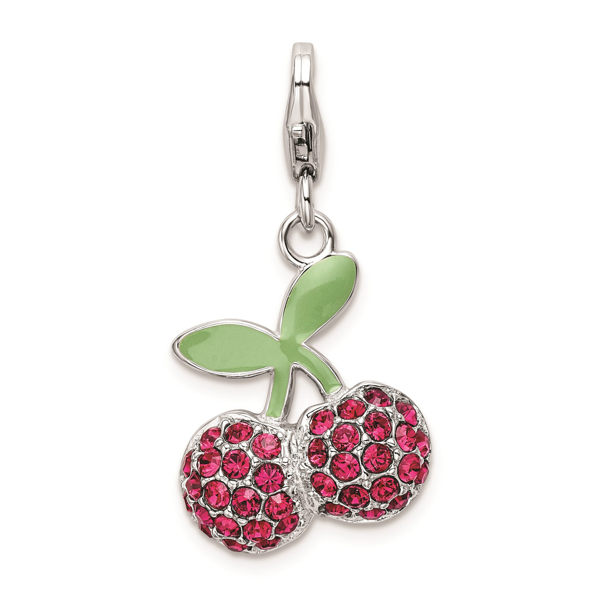 Sterling Silver Cherry Charm Pendant with Red Crystals and Green Enamel Leaves