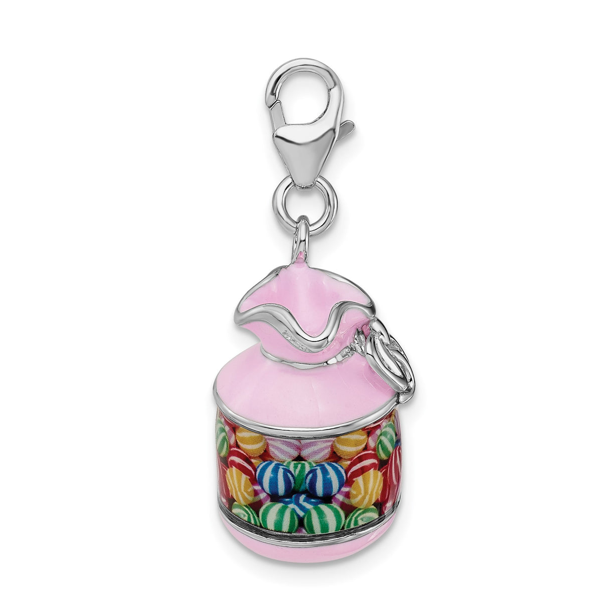 Sterling Silver Candy Jar Charm with Pink Enamel and Colorful Striped Candy, Clip-On Pendant
