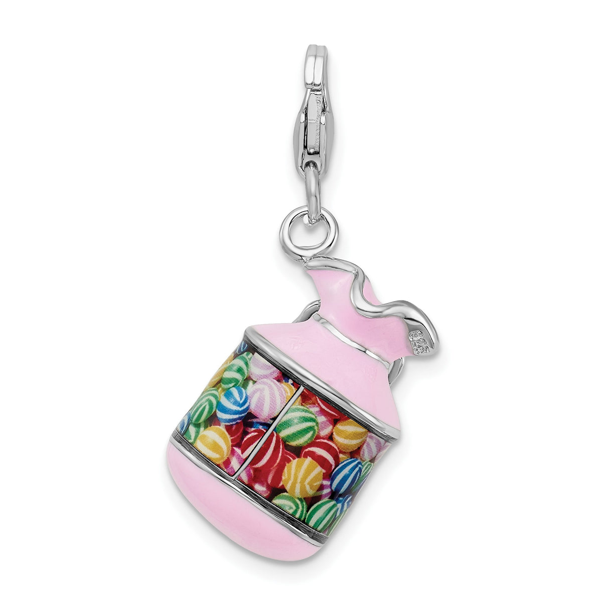 Sterling Silver Candy Jar Charm with Pink Enamel and Colorful Striped Candy, Clip-On Pendant