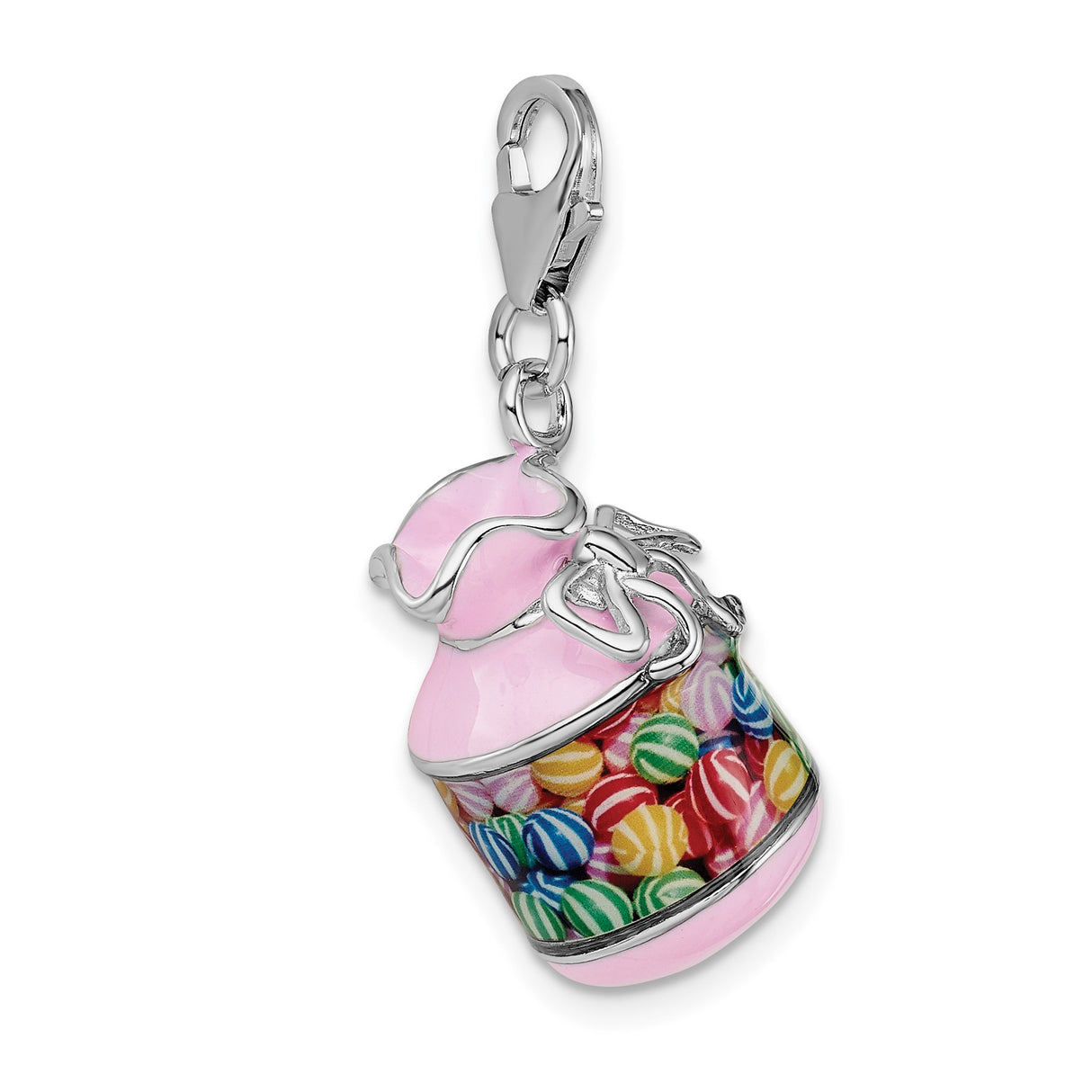 Sterling Silver Candy Jar Charm with Pink Enamel and Colorful Striped Candy, Clip-On Pendant