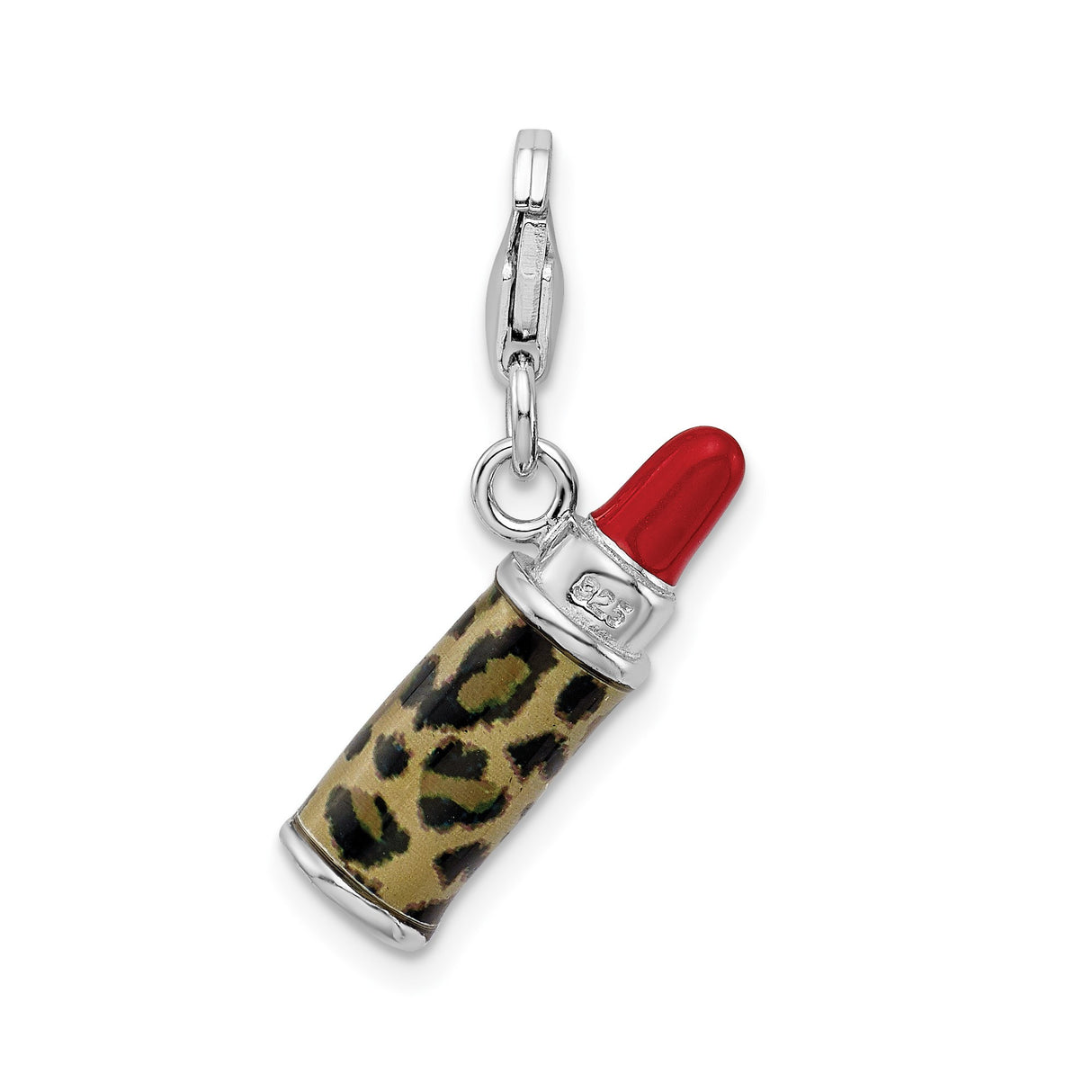 Sterling Silver Lipstick Charm with Red Enamel and Leopard Print, 3D Pendant with Lobster Clasp