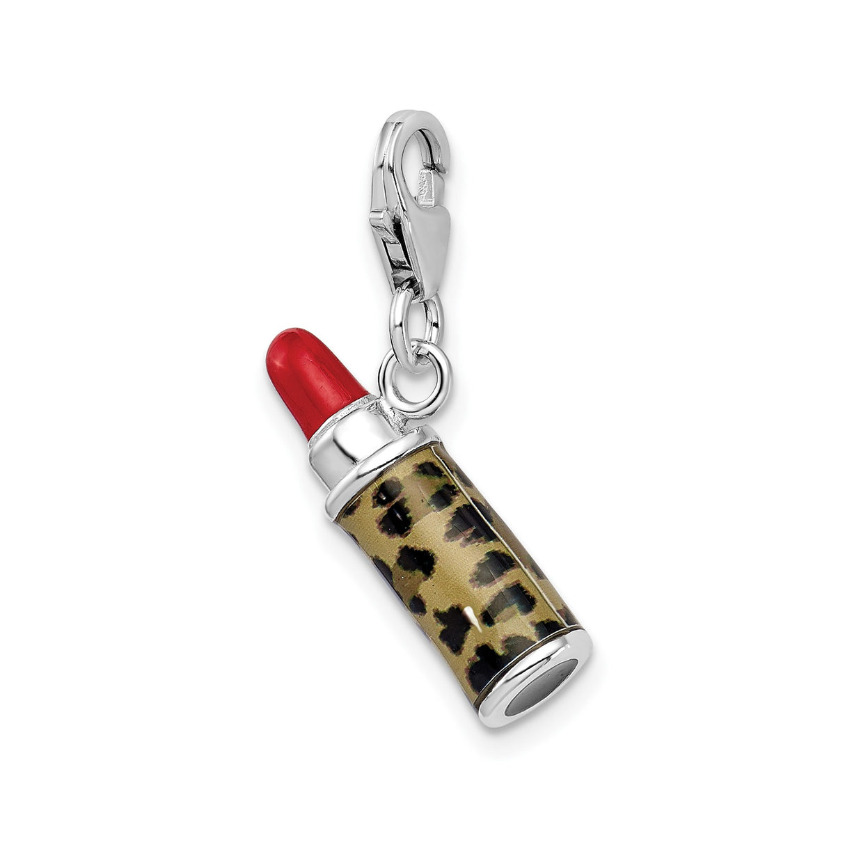 Sterling Silver Lipstick Charm with Red Enamel and Leopard Print, 3D Pendant with Lobster Clasp