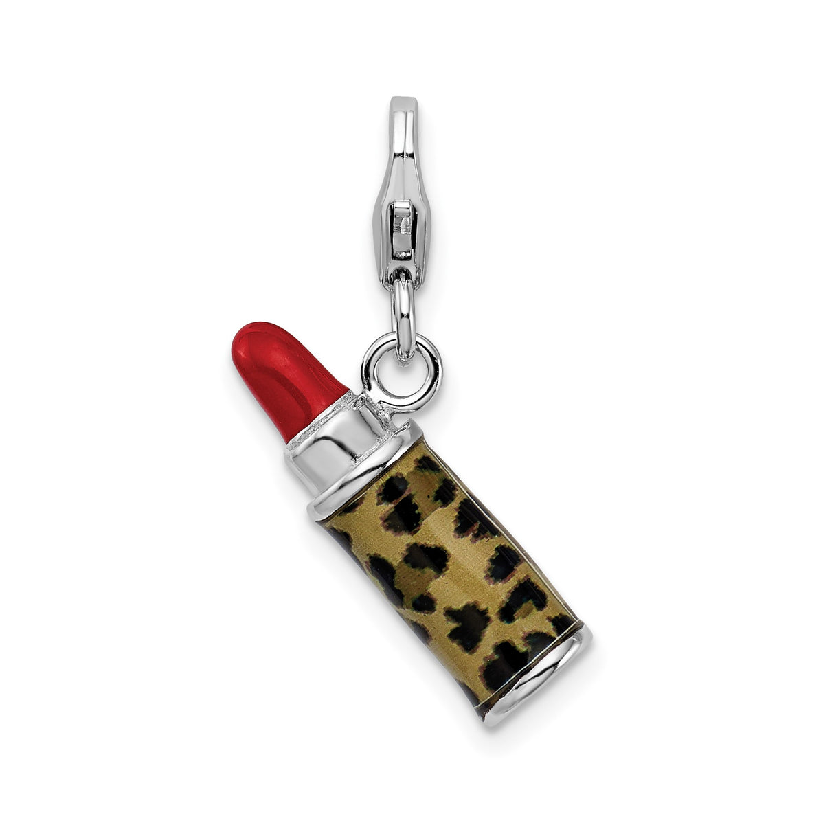 Sterling Silver Lipstick Charm with Red Enamel and Leopard Print, 3D Pendant with Lobster Clasp
