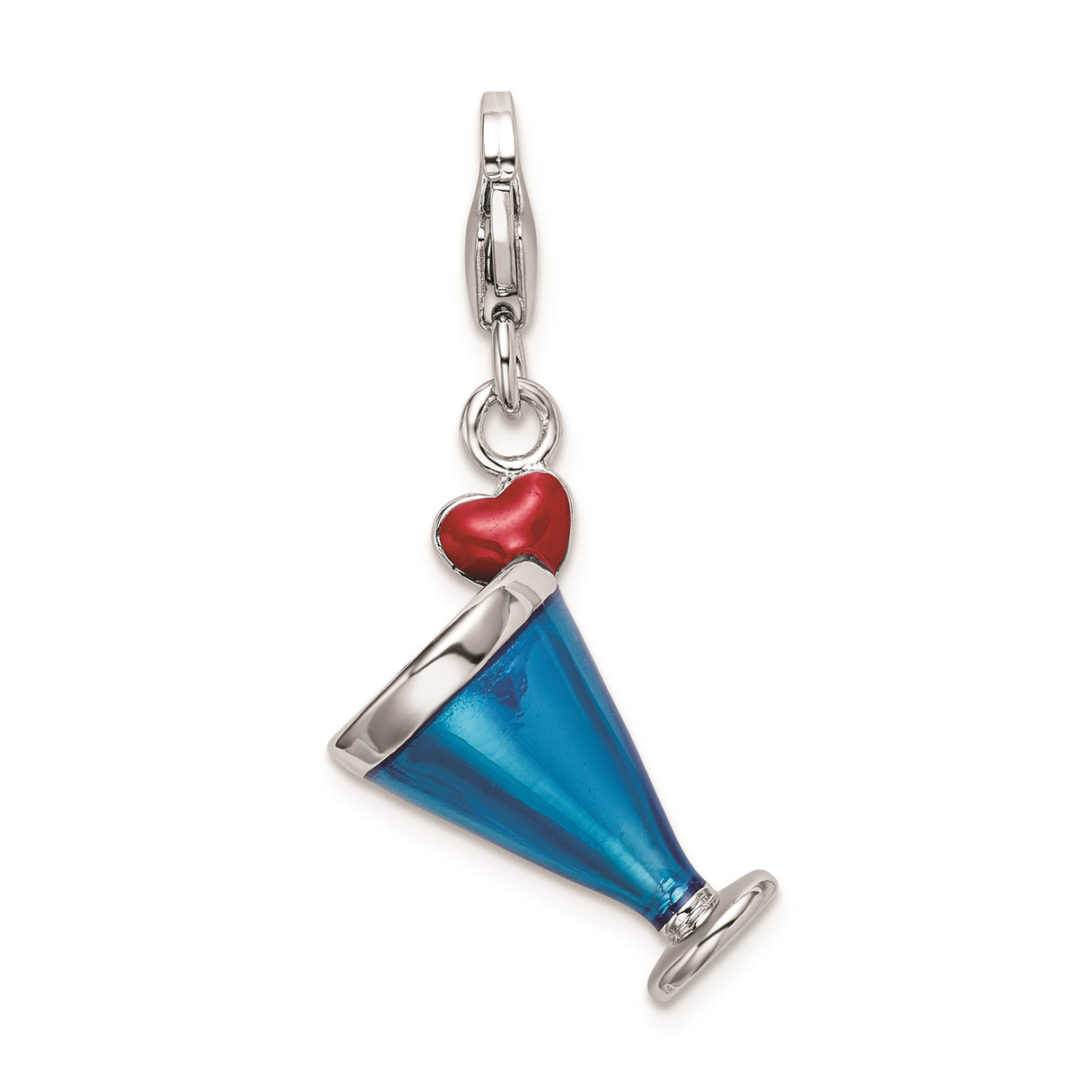 Sterling Silver Cocktail Glass Charm with Blue Enamel and Red Heart Accent