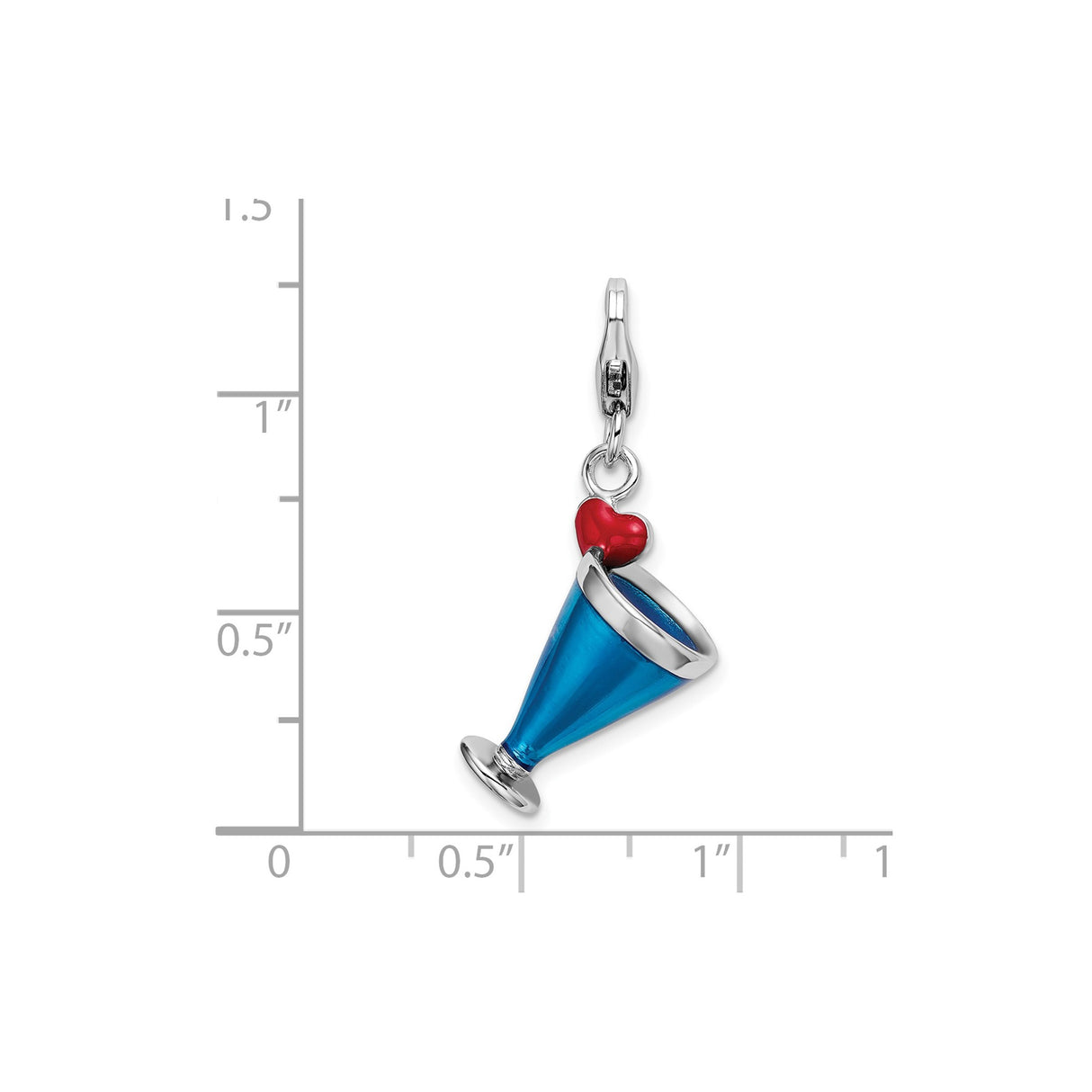 Sterling Silver Cocktail Glass Charm with Blue Enamel and Red Heart Accent