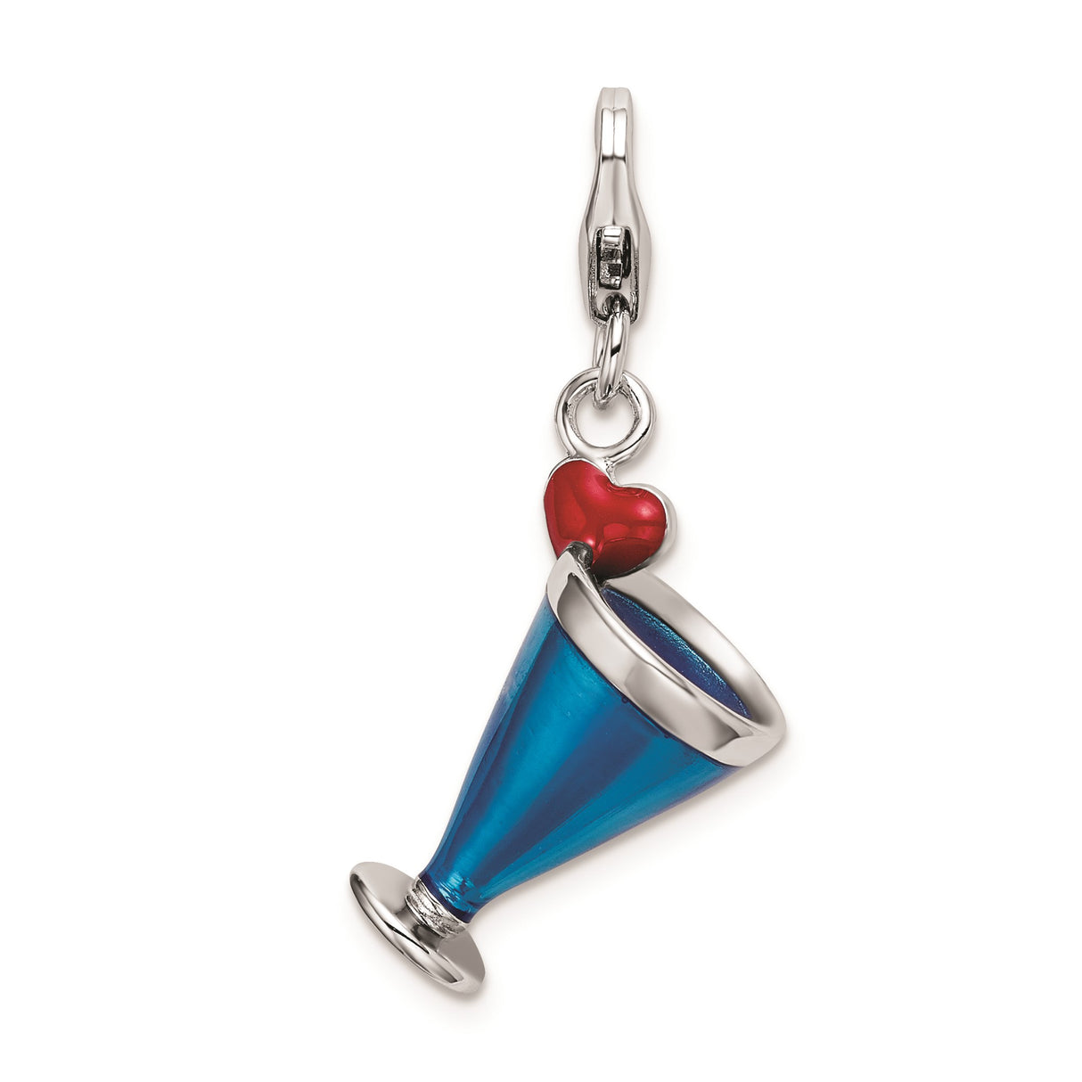 Sterling Silver Cocktail Glass Charm with Blue Enamel and Red Heart Accent