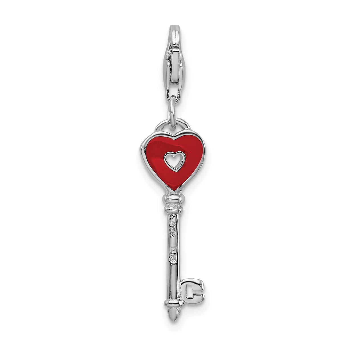 Sterling Silver Key Charm with Red Heart Top and Heart Cutout, Romantic Pendant for Women