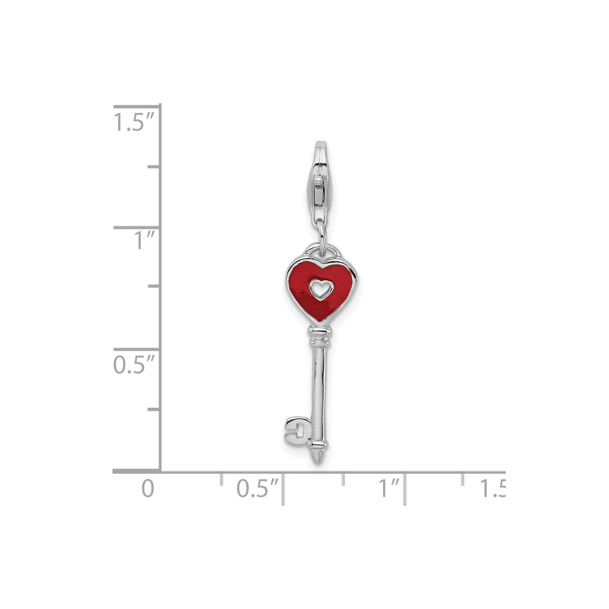 Sterling Silver Key Charm with Red Heart Top and Heart Cutout, Romantic Pendant for Women