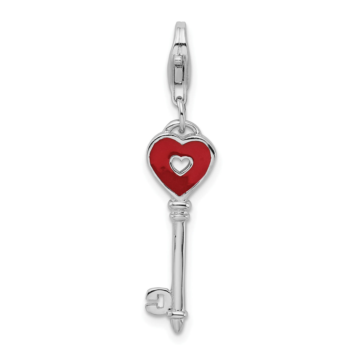 Sterling Silver Key Charm with Red Heart Top and Heart Cutout, Romantic Pendant for Women