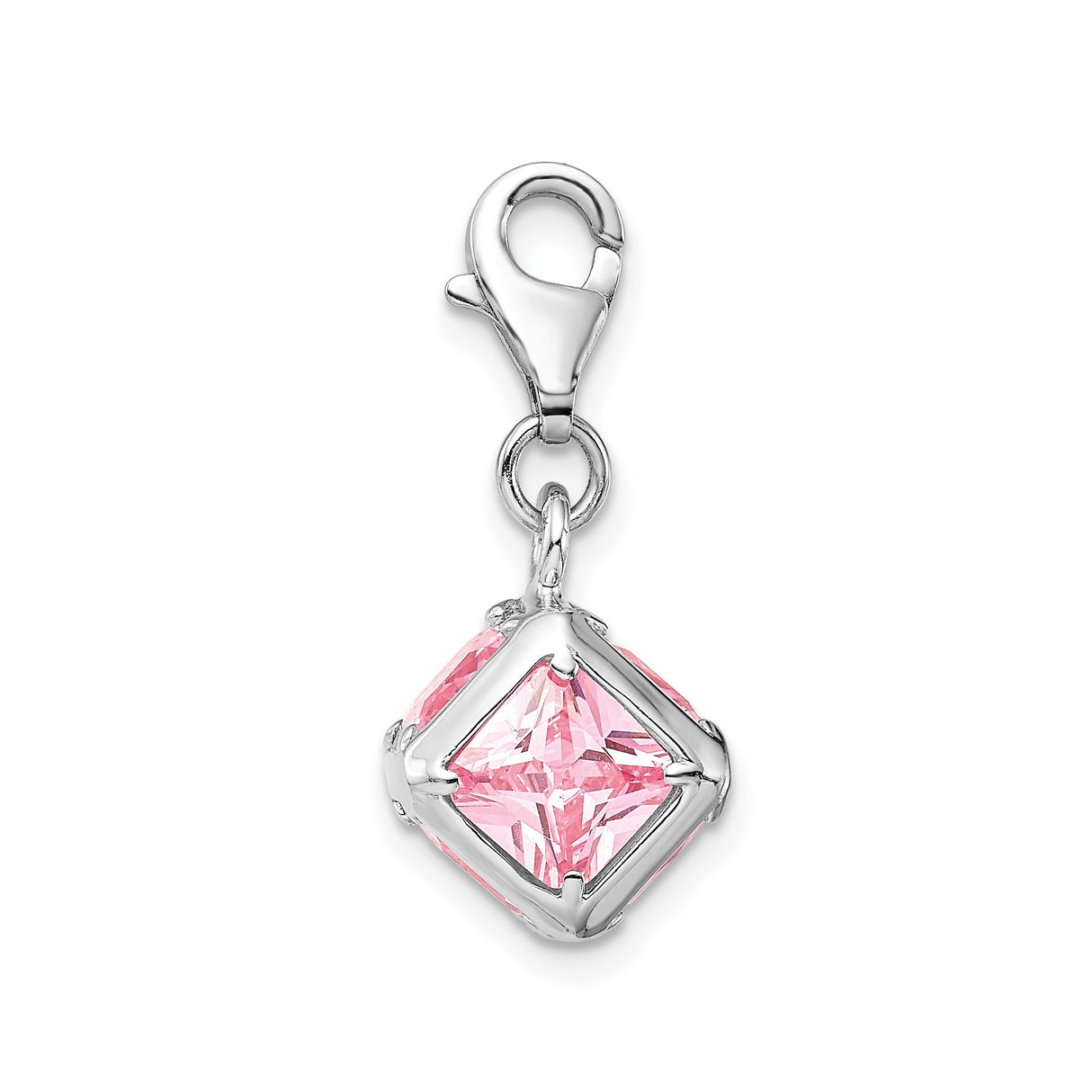 Sterling Silver Cube Charm Pendant with Pink Princess Cut Cubic Zirconia