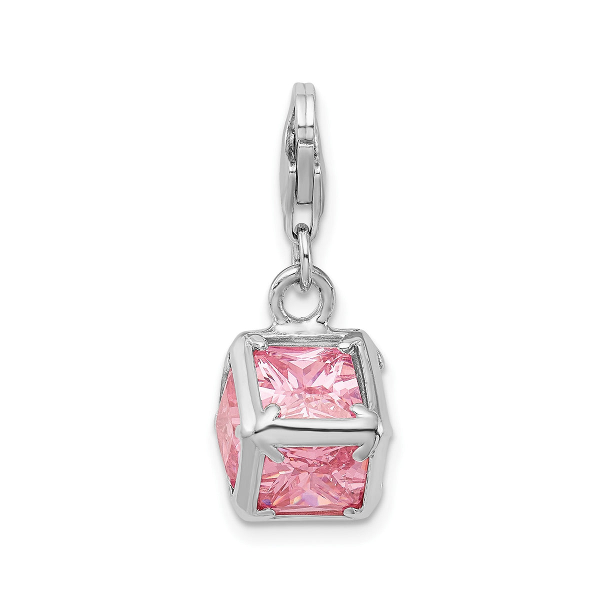 Sterling Silver Cube Charm Pendant with Pink Princess Cut Cubic Zirconia